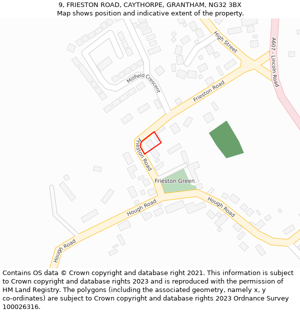 9, FRIESTON ROAD, CAYTHORPE, GRANTHAM, NG32 3BX: Location map and indicative extent of plot