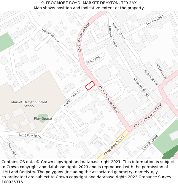 9, FROGMORE ROAD, MARKET DRAYTON, TF9 3AX: Location map and indicative extent of plot