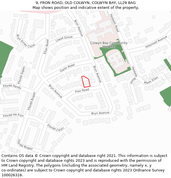 9, FRON ROAD, OLD COLWYN, COLWYN BAY, LL29 8AG: Location map and indicative extent of plot