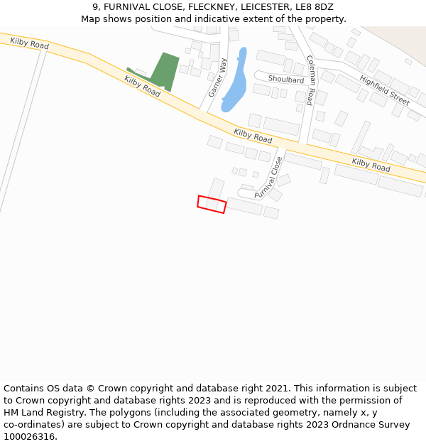 9, FURNIVAL CLOSE, FLECKNEY, LEICESTER, LE8 8DZ: Location map and indicative extent of plot