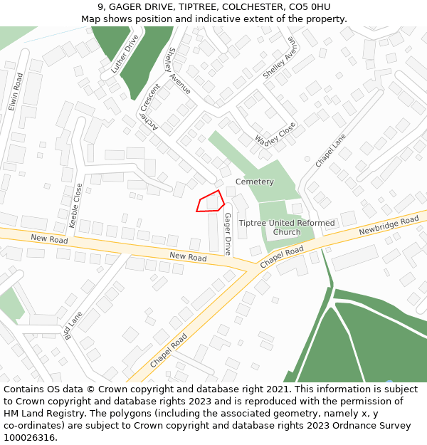 9, GAGER DRIVE, TIPTREE, COLCHESTER, CO5 0HU: Location map and indicative extent of plot