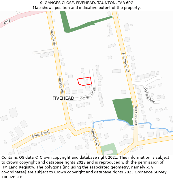 9, GANGES CLOSE, FIVEHEAD, TAUNTON, TA3 6PG: Location map and indicative extent of plot