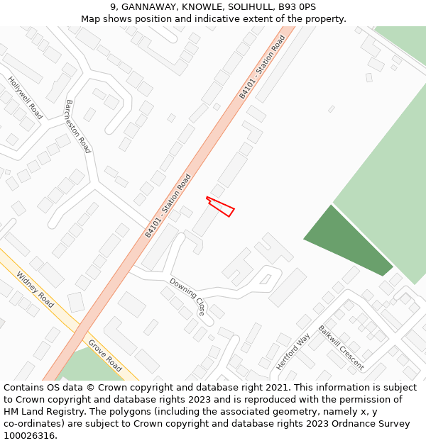 9, GANNAWAY, KNOWLE, SOLIHULL, B93 0PS: Location map and indicative extent of plot