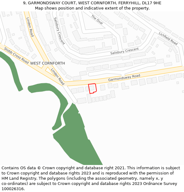 9, GARMONDSWAY COURT, WEST CORNFORTH, FERRYHILL, DL17 9HE: Location map and indicative extent of plot