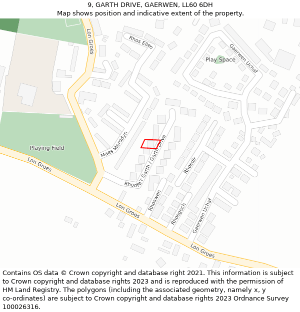 9, GARTH DRIVE, GAERWEN, LL60 6DH: Location map and indicative extent of plot