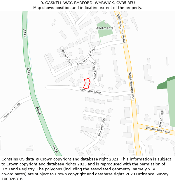 9, GASKELL WAY, BARFORD, WARWICK, CV35 8EU: Location map and indicative extent of plot