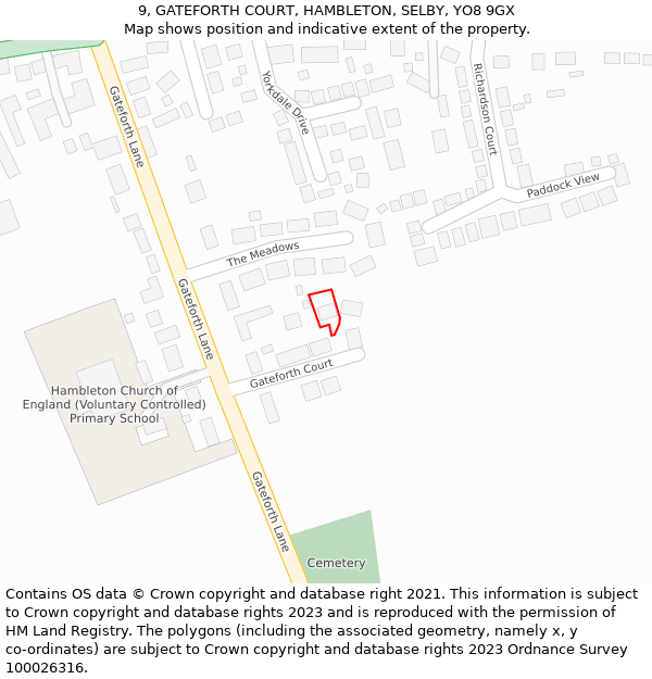 9, GATEFORTH COURT, HAMBLETON, SELBY, YO8 9GX: Location map and indicative extent of plot