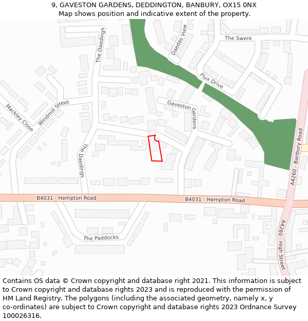 9, GAVESTON GARDENS, DEDDINGTON, BANBURY, OX15 0NX: Location map and indicative extent of plot