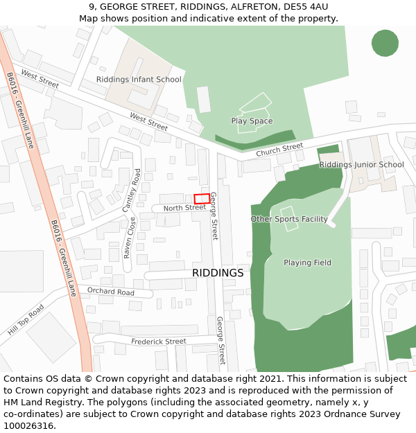 9, GEORGE STREET, RIDDINGS, ALFRETON, DE55 4AU: Location map and indicative extent of plot