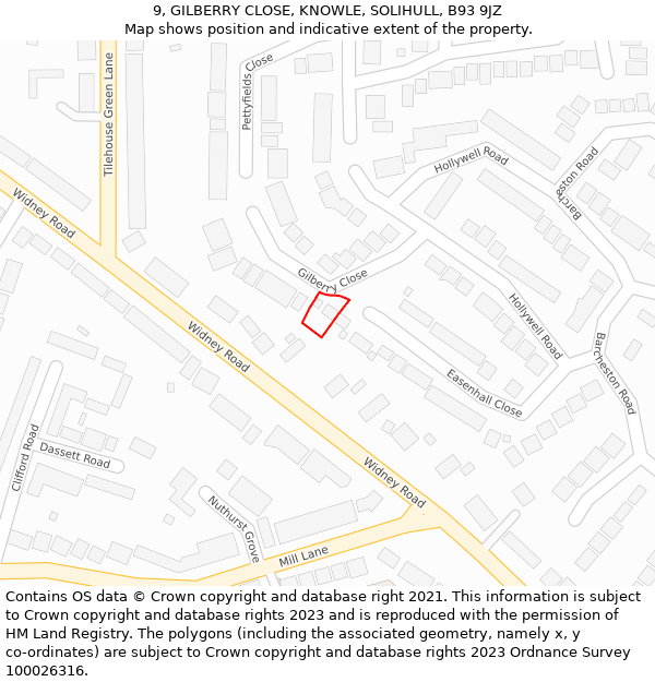 9, GILBERRY CLOSE, KNOWLE, SOLIHULL, B93 9JZ: Location map and indicative extent of plot