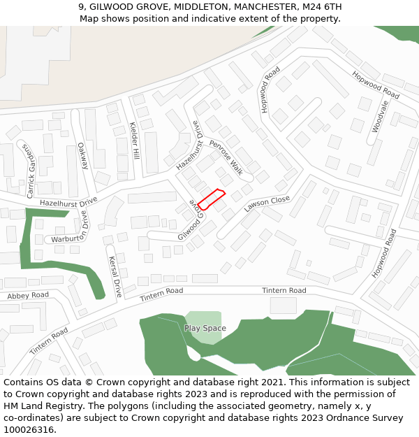 9, GILWOOD GROVE, MIDDLETON, MANCHESTER, M24 6TH: Location map and indicative extent of plot