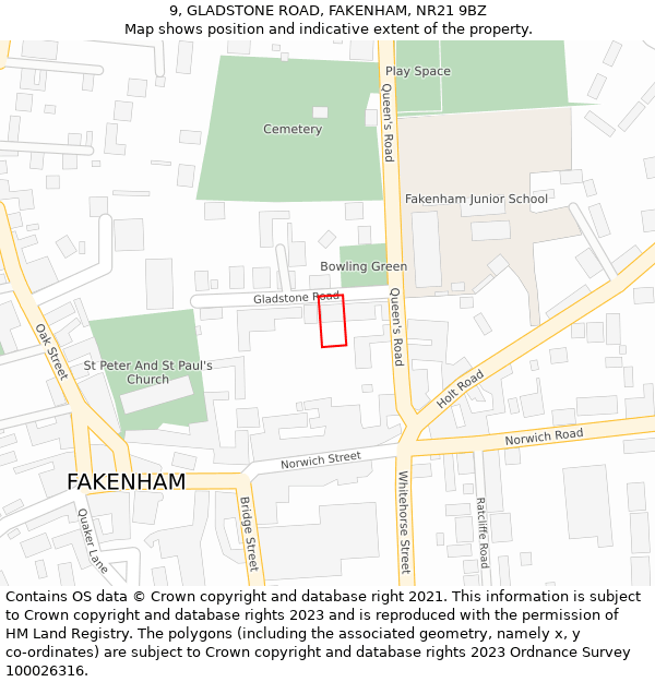 9, GLADSTONE ROAD, FAKENHAM, NR21 9BZ: Location map and indicative extent of plot