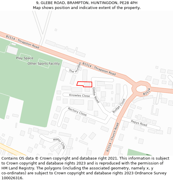 9, GLEBE ROAD, BRAMPTON, HUNTINGDON, PE28 4PH: Location map and indicative extent of plot