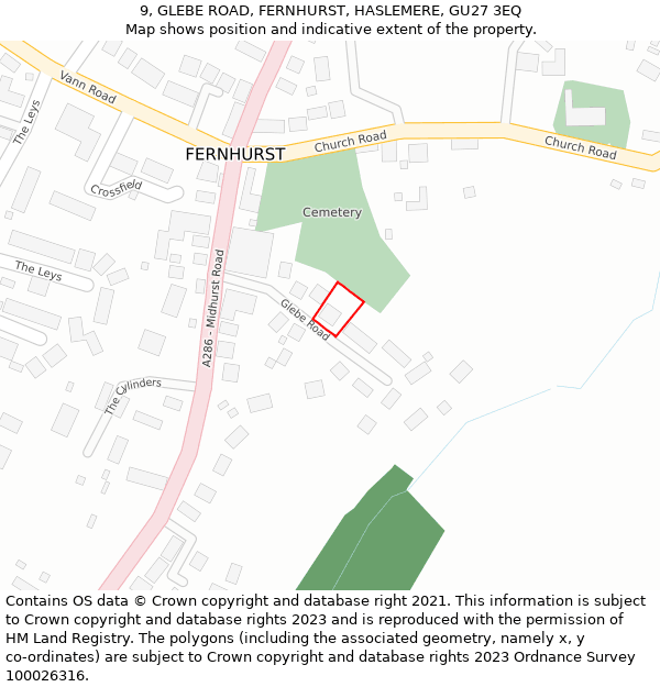9, GLEBE ROAD, FERNHURST, HASLEMERE, GU27 3EQ: Location map and indicative extent of plot