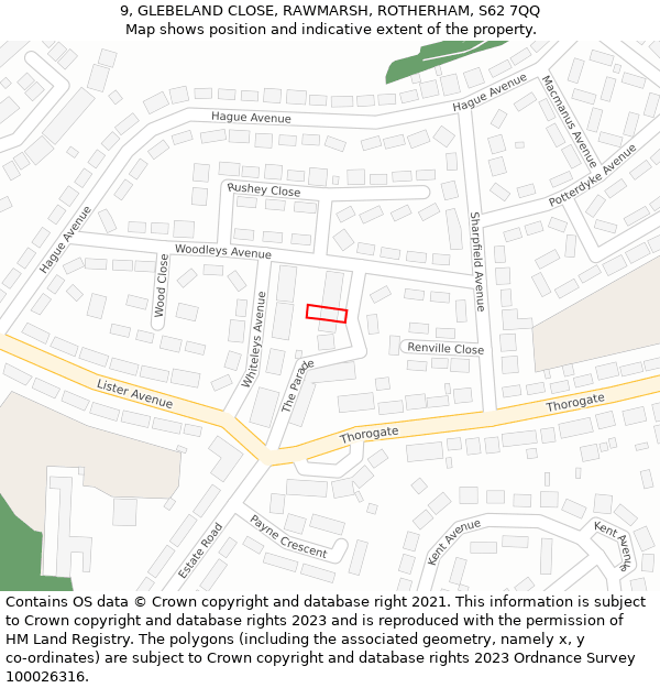 9, GLEBELAND CLOSE, RAWMARSH, ROTHERHAM, S62 7QQ: Location map and indicative extent of plot