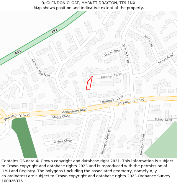 9, GLENDON CLOSE, MARKET DRAYTON, TF9 1NX: Location map and indicative extent of plot