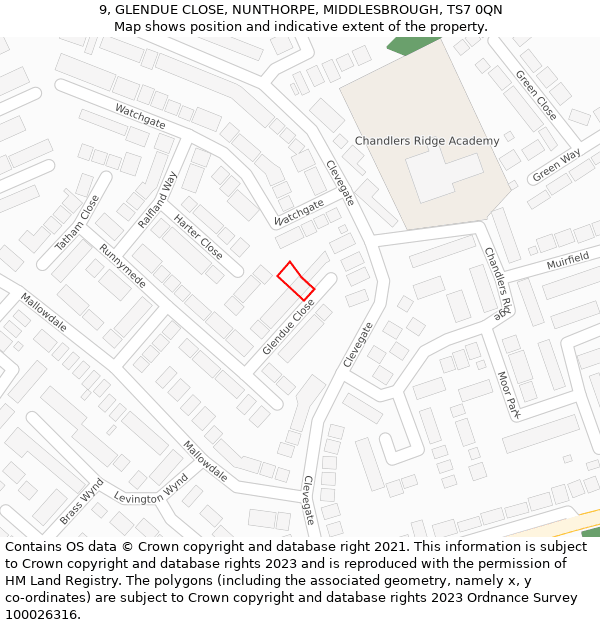 9, GLENDUE CLOSE, NUNTHORPE, MIDDLESBROUGH, TS7 0QN: Location map and indicative extent of plot