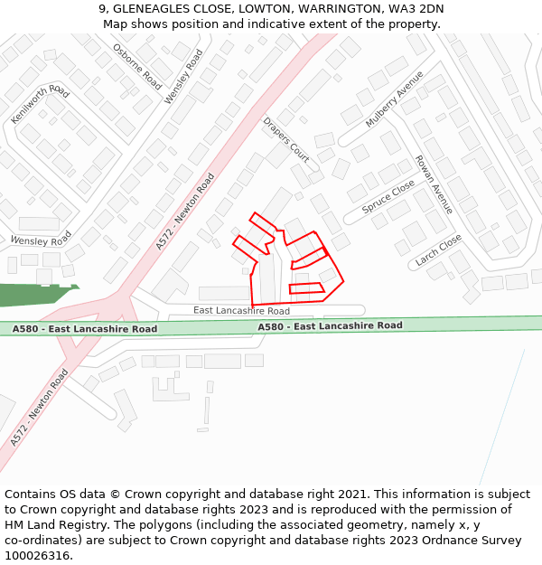 9, GLENEAGLES CLOSE, LOWTON, WARRINGTON, WA3 2DN: Location map and indicative extent of plot