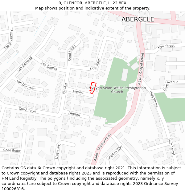 9, GLENFOR, ABERGELE, LL22 8EX: Location map and indicative extent of plot
