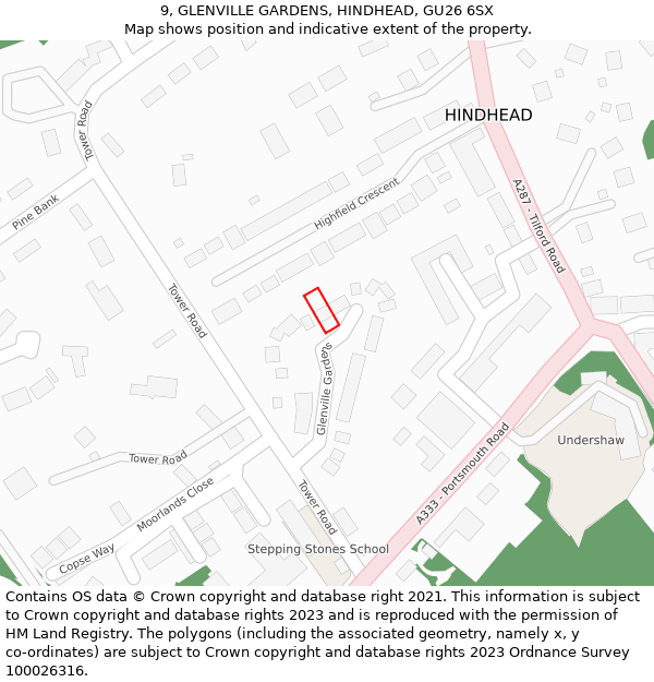 9, GLENVILLE GARDENS, HINDHEAD, GU26 6SX: Location map and indicative extent of plot