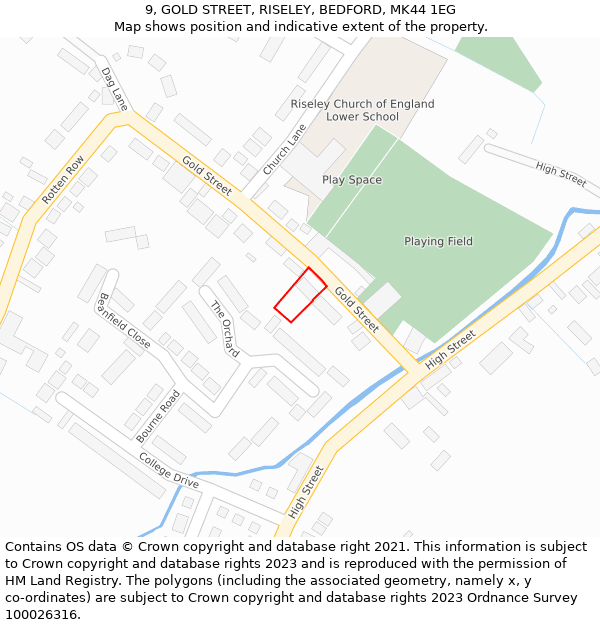 9, GOLD STREET, RISELEY, BEDFORD, MK44 1EG: Location map and indicative extent of plot