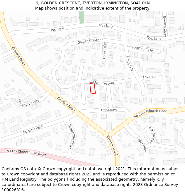 9, GOLDEN CRESCENT, EVERTON, LYMINGTON, SO41 0LN: Location map and indicative extent of plot