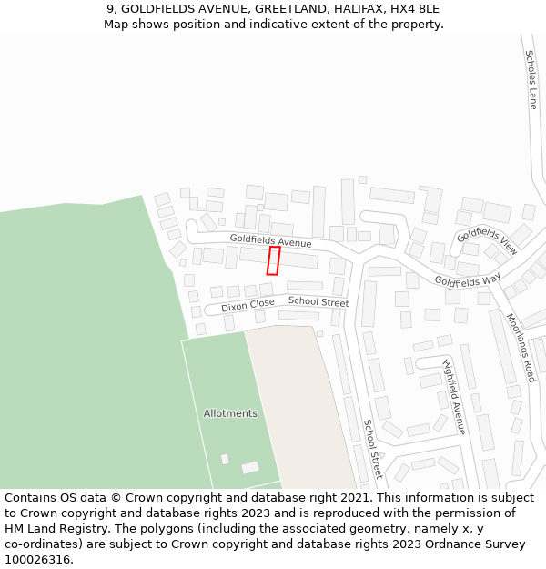 9, GOLDFIELDS AVENUE, GREETLAND, HALIFAX, HX4 8LE: Location map and indicative extent of plot