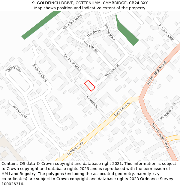 9, GOLDFINCH DRIVE, COTTENHAM, CAMBRIDGE, CB24 8XY: Location map and indicative extent of plot