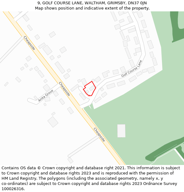 9, GOLF COURSE LANE, WALTHAM, GRIMSBY, DN37 0JN: Location map and indicative extent of plot