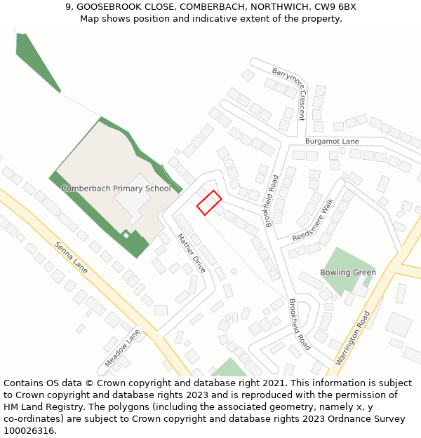 9, GOOSEBROOK CLOSE, COMBERBACH, NORTHWICH, CW9 6BX: Location map and indicative extent of plot