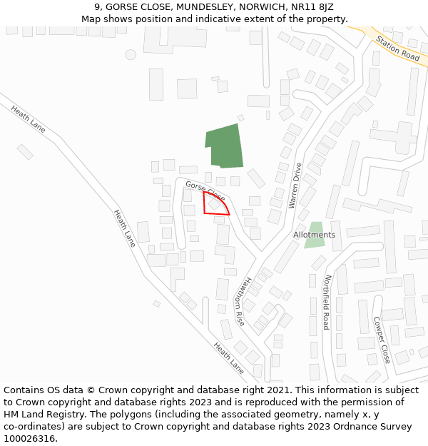 9, GORSE CLOSE, MUNDESLEY, NORWICH, NR11 8JZ: Location map and indicative extent of plot