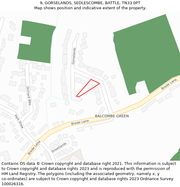 9, GORSELANDS, SEDLESCOMBE, BATTLE, TN33 0PT: Location map and indicative extent of plot