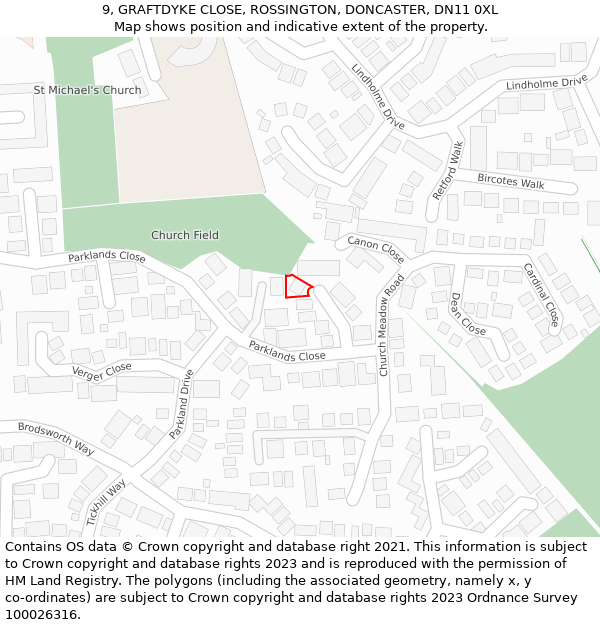 9, GRAFTDYKE CLOSE, ROSSINGTON, DONCASTER, DN11 0XL: Location map and indicative extent of plot
