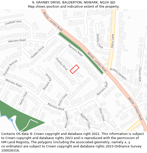 9, GRANBY DRIVE, BALDERTON, NEWARK, NG24 3JD: Location map and indicative extent of plot