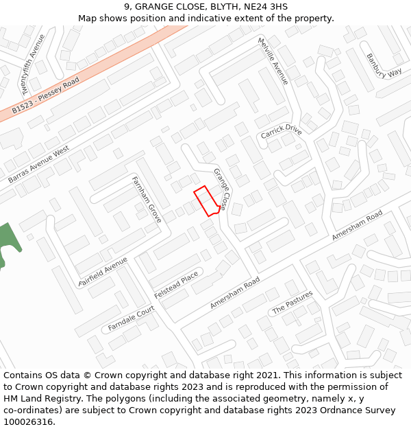 9, GRANGE CLOSE, BLYTH, NE24 3HS: Location map and indicative extent of plot