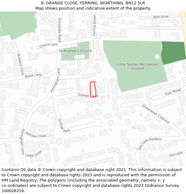 9, GRANGE CLOSE, FERRING, WORTHING, BN12 5LR: Location map and indicative extent of plot