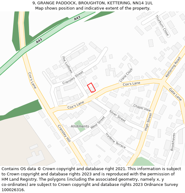 9, GRANGE PADDOCK, BROUGHTON, KETTERING, NN14 1UL: Location map and indicative extent of plot