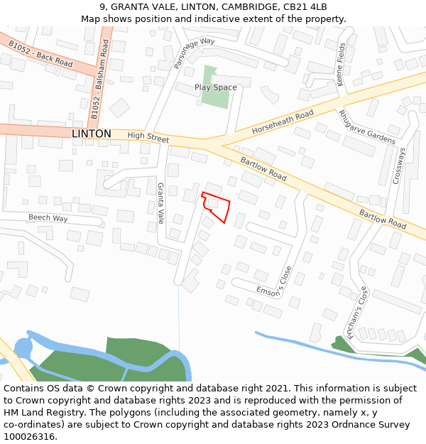 9, GRANTA VALE, LINTON, CAMBRIDGE, CB21 4LB: Location map and indicative extent of plot