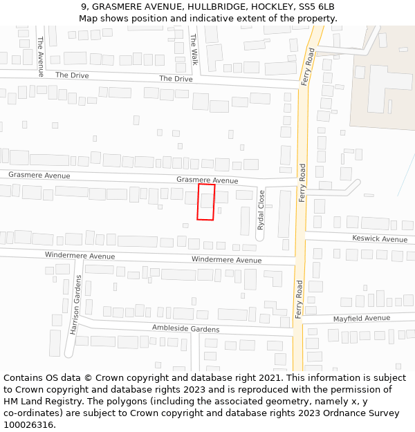 9, GRASMERE AVENUE, HULLBRIDGE, HOCKLEY, SS5 6LB: Location map and indicative extent of plot
