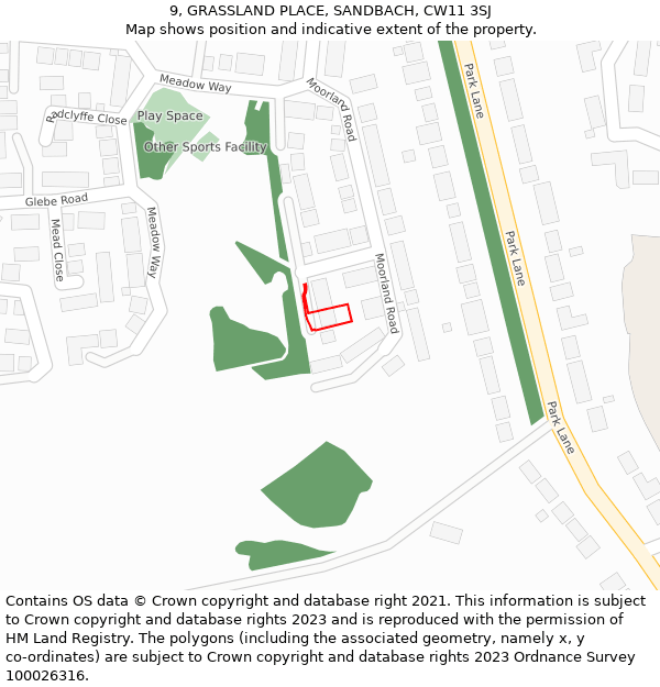 9, GRASSLAND PLACE, SANDBACH, CW11 3SJ: Location map and indicative extent of plot