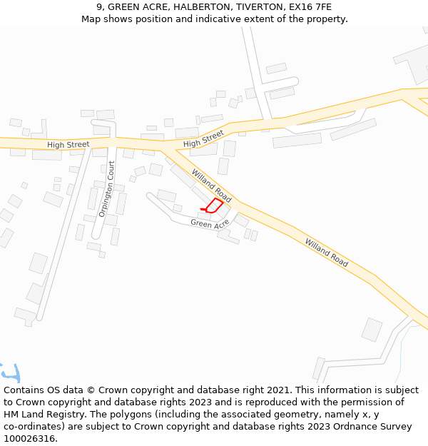 9, GREEN ACRE, HALBERTON, TIVERTON, EX16 7FE: Location map and indicative extent of plot