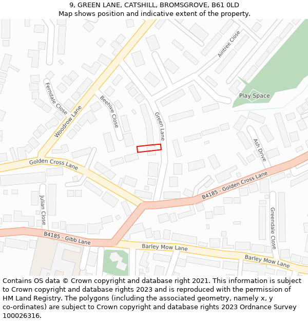 9, GREEN LANE, CATSHILL, BROMSGROVE, B61 0LD: Location map and indicative extent of plot