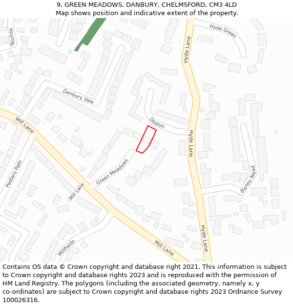 9, GREEN MEADOWS, DANBURY, CHELMSFORD, CM3 4LD: Location map and indicative extent of plot