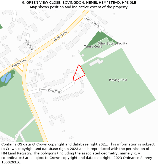 9, GREEN VIEW CLOSE, BOVINGDON, HEMEL HEMPSTEAD, HP3 0LE: Location map and indicative extent of plot