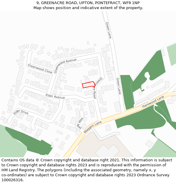 9, GREENACRE ROAD, UPTON, PONTEFRACT, WF9 1NP: Location map and indicative extent of plot