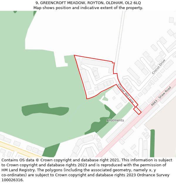 9, GREENCROFT MEADOW, ROYTON, OLDHAM, OL2 6LQ: Location map and indicative extent of plot