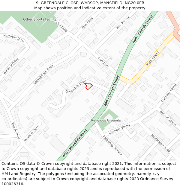 9, GREENDALE CLOSE, WARSOP, MANSFIELD, NG20 0EB: Location map and indicative extent of plot