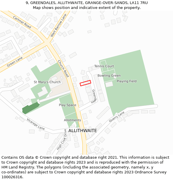 9, GREENDALES, ALLITHWAITE, GRANGE-OVER-SANDS, LA11 7RU: Location map and indicative extent of plot