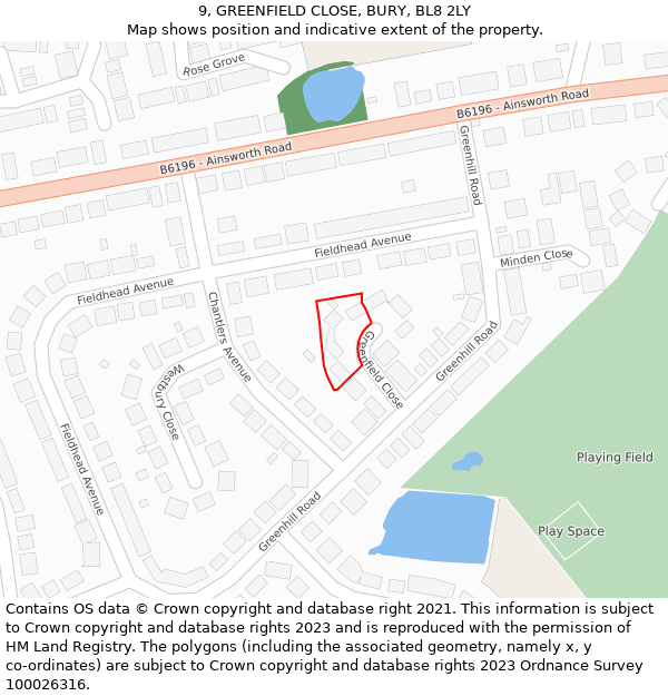 9, GREENFIELD CLOSE, BURY, BL8 2LY: Location map and indicative extent of plot