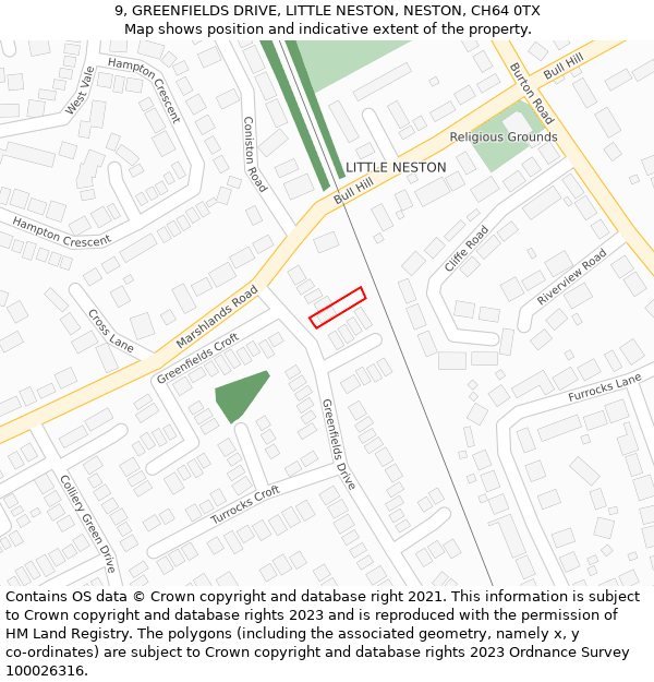 9, GREENFIELDS DRIVE, LITTLE NESTON, NESTON, CH64 0TX: Location map and indicative extent of plot